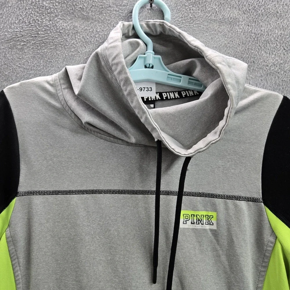 PINK Victoria's Secret Women Hoodie M Gray Logo‎ Embroidery Colorblock Text